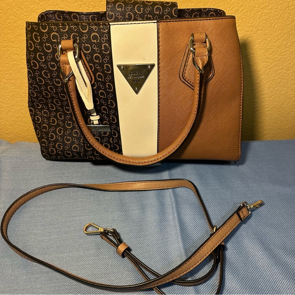 Guess Tri-Tone Satchel in Brown, Cream, and Tan